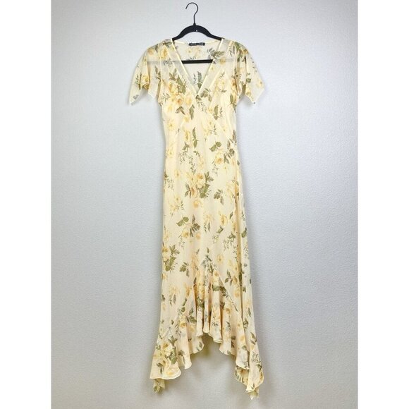 Abercrombie Women's Medium Petite Yellow Flutter Sleeve Chiffon Maxi Dress Lined - Picture 1 of 12